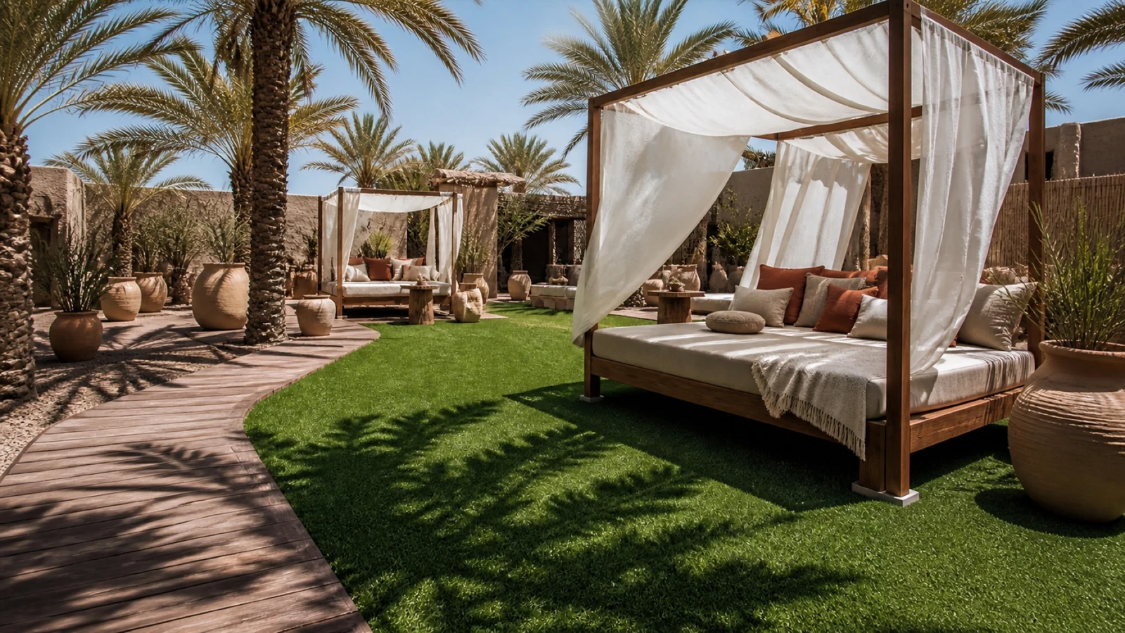 Ambientación con AI de pasto Palm Beach en un jardín con camastros