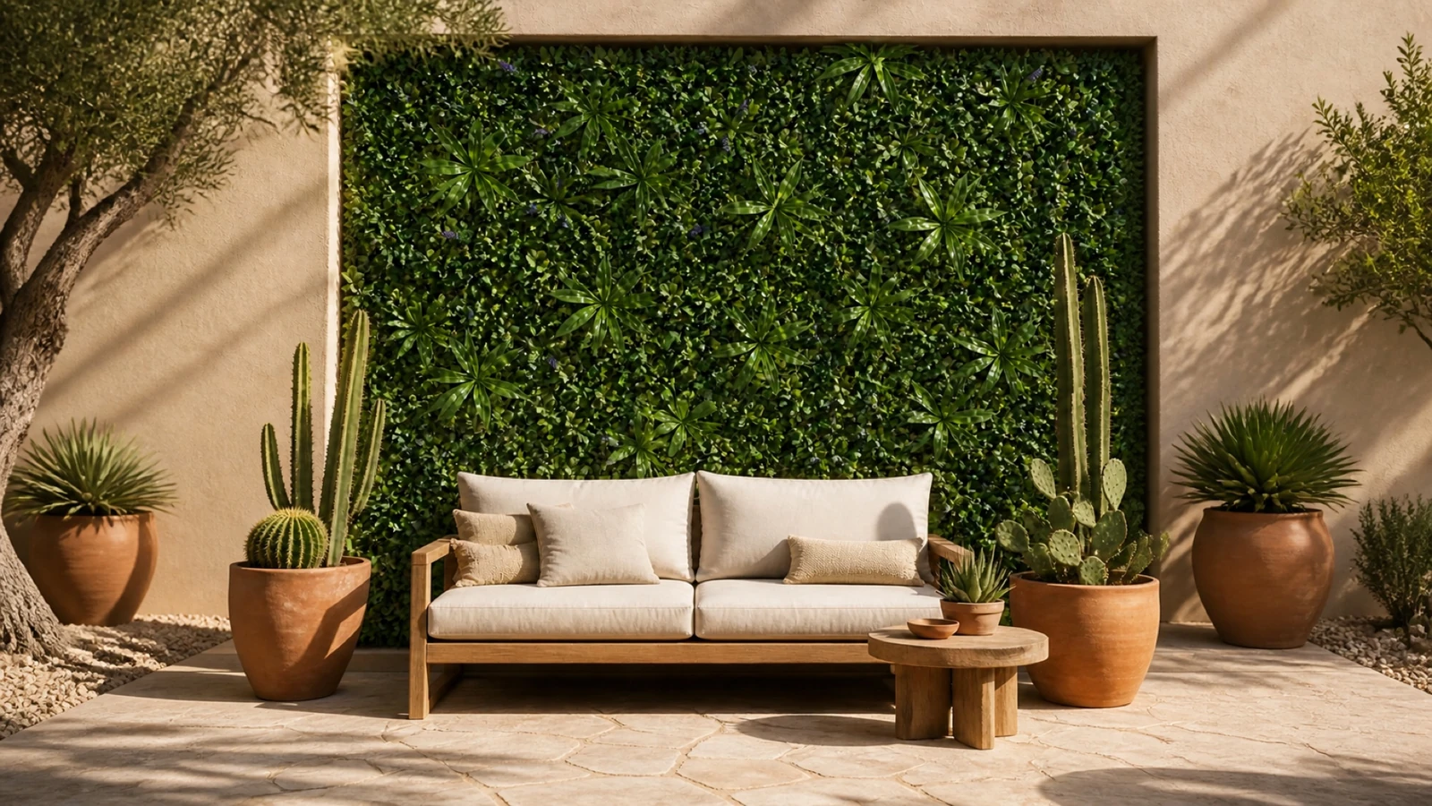 Ambientación con AI de muro verde en una terraza
