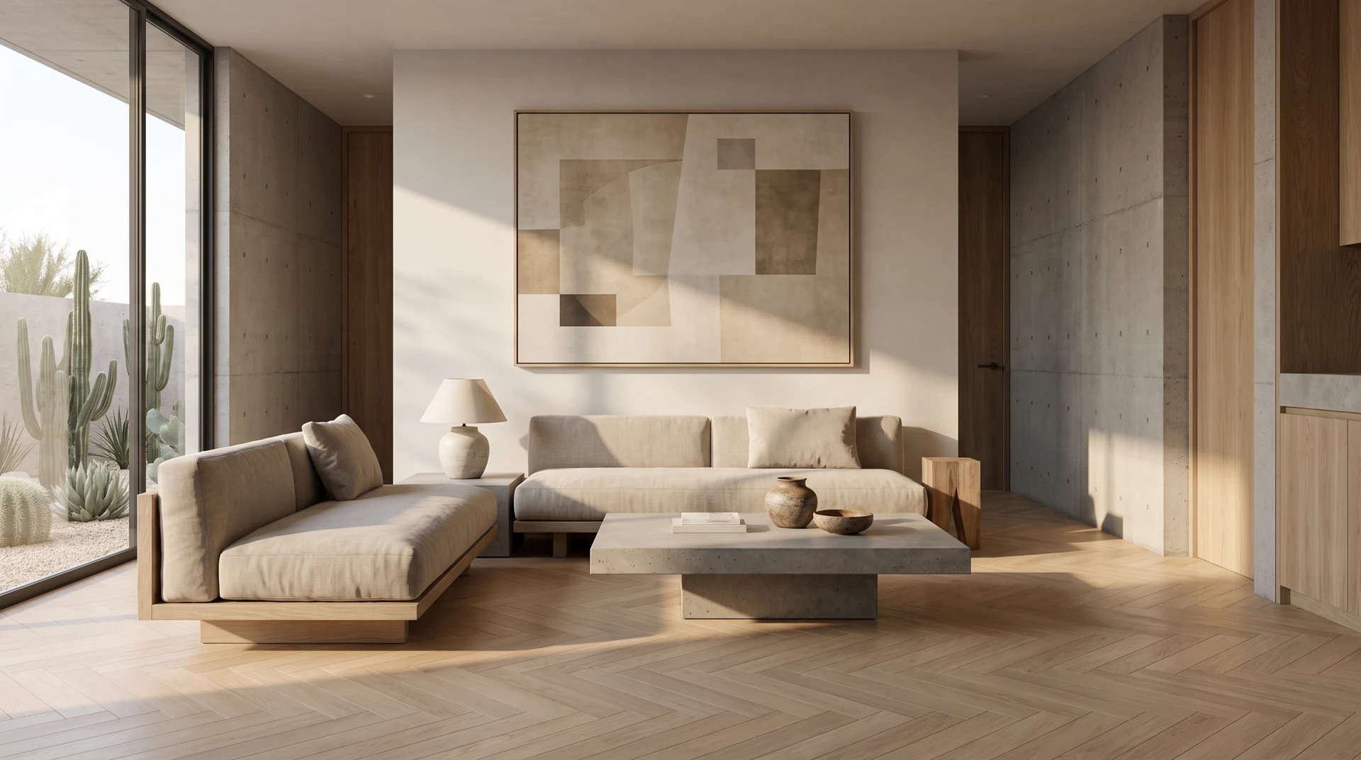 Ambientación con AI de piso Napoli Herringbone en una sala