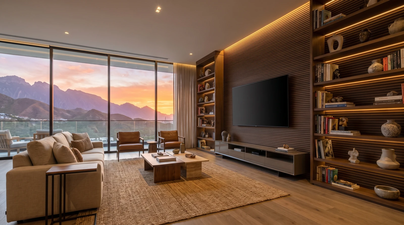 Ambientación con AI de paneles Teak en una sala